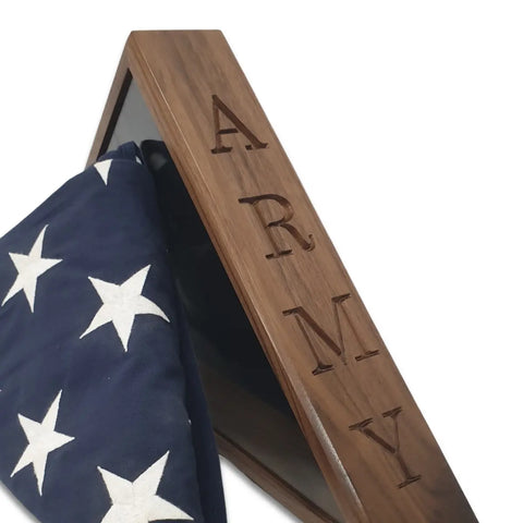 The ARMY - Walnut Burial Flag Display Case (5 X 9.5) by Legacies of America Woodworking Company displays a folded American flag with ARMY engraved vertically, honoring U.S. military veterans with a lasting tribute.