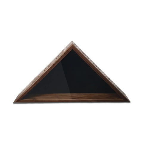 Photographed against a white background, the ARMY - Walnut Burial Flag Display Case (5 x 9.5), by Legacies of America Woodworking Company, showcases its triangular form and smooth walnut finish, honoring U.S. Military Veterans.