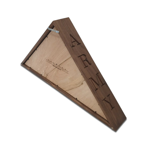 The Legacies of America Woodworking Company ARMY - Walnut Burial Flag Display Case (5 X 9.5 Flag) features a glass front and vertical ARMY engraving, ideal for honoring U.S. Military Veterans with a dignified flag display.