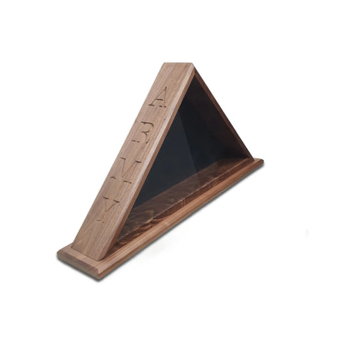 Honor U.S. Military Veterans with the Legacies of America Woodworking Companys ARMY Walnut Burial Flag Display Case (fits 5 x 9.5 flag), featuring a glass front and ARMY engraved vertically—ideal for preserving the American flag.