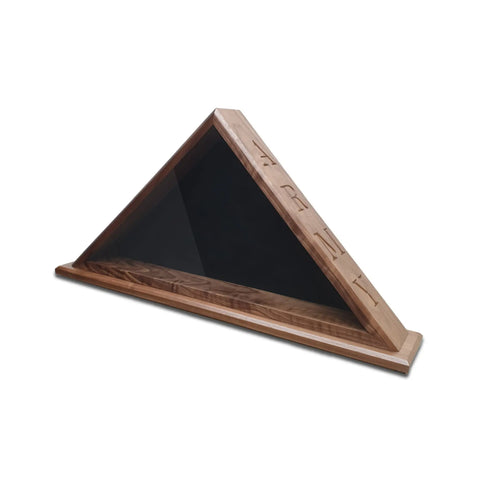 The ARMY - Walnut Burial Flag Display Case (5 x 9.5 Flag) by Legacies of America Woodworking Company features a glass front and carved symbols on the slanted side to honor U.S. military veterans while displaying a folded flag.