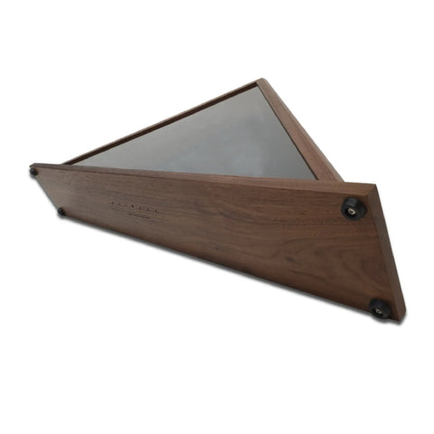 A triangular ARMY - Walnut Burial Flag Display Case (5 X 9.5 Flag) by Legacies of America Woodworking Company features smooth walnut grain, glass front, and black corner hardware, similar to those used by U.S. Military Veterans.