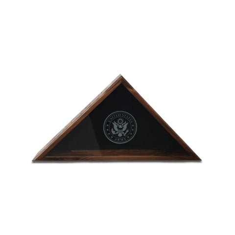 The ARMY - Walnut Burial Flag Display Case (5 x 9.5 flag) by Legacies of America Woodworking Company is crafted by veterans, features a glass front and Army emblem, and honors your flag with distinction.