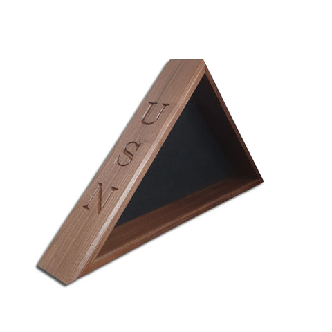 The Legacies of America Woodworking Companys Navy Veteran USN Walnut Burial Flag Display Case (fits 5 X 9.5 flag) features a glass front, USN engraving, and plain white background—perfect for preserving Navy memorabilia. Handcrafted in America.