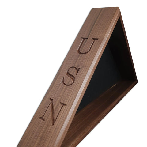The Legacies of America Woodworking Companys Navy Veteran USN - Walnut Burial Flag Display Case (5 X 9.5 Flag) features USN engraving, a dark-lined interior, and American handcrafted quality—ideal for honoring Navy veterans.