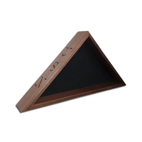 The Navy Veteran USN - Walnut Burial Flag Display Case (5 X 9.5 Flag) by Legacies of America Woodworking Company features a triangular walnut frame with carved symbols, handcrafted in the USA, set against a white background.