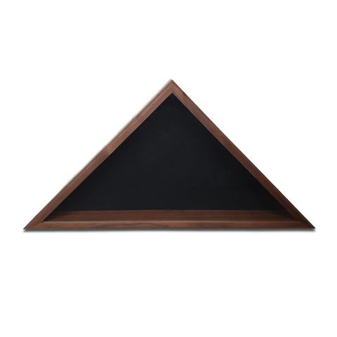 The Legacies of America Woodworking Company Navy Veteran USN Walnut Burial Flag Display Case (for a 5 x 9.5 flag) features a triangular wooden frame with a dark back panel, handcrafted in the USA and shown against a white background.