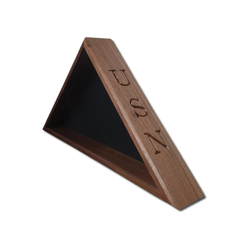 The Navy Veteran USN - Walnut Burial Flag Display Case (5 X 9.5 Flag) by Legacies of America Woodworking Company is handcrafted in America, features USN engraving, and a black-lined interior for honoring Navy Veterans.