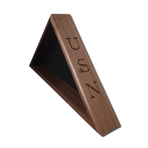 The Legacies of America Woodworking Company Navy Veteran USN Walnut Burial Flag Display Case displays and protects a 5 x 9.5 flag. Handcrafted in the USA, it features a glass front and rich walnut finish, with USN engraved to honor Navy Veterans.