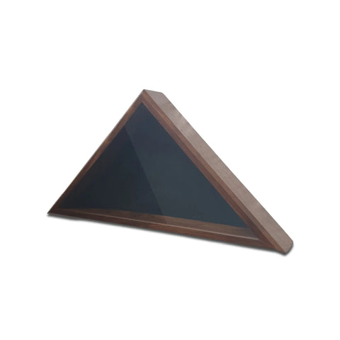 The Legacies of America Woodworking Companys Walnut 4x6 Flag Display Case features a glass front, empty and set with its longest side at the base on a white background—ideal for displaying an American Flag.