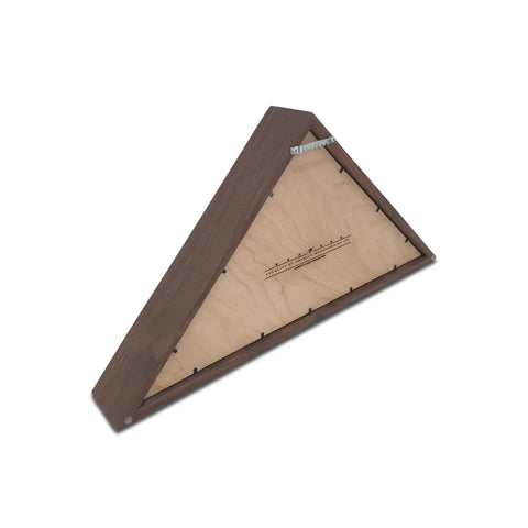 A triangular walnut rack by Legacies of America Woodworking Company, with a handle and side hooks—expertly crafted by Veteran Built artisans—perfect for pairing with your Walnut 4x6 Flag Display Case.