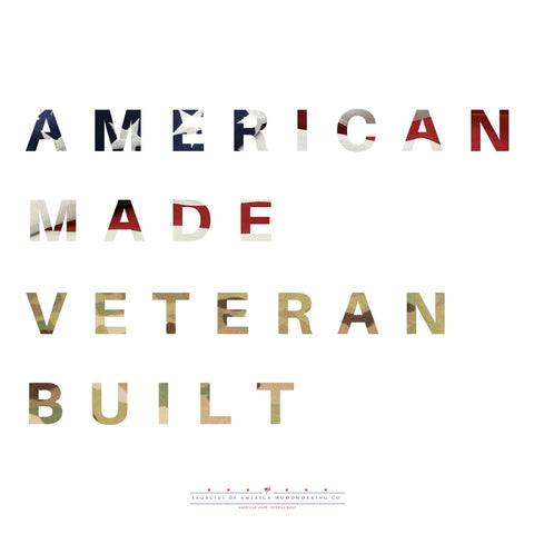Text reads: “AMERICAN MADE VETERAN BUILT” in large capital letters filled with a faded U.S. flag pattern—like that on the Walnut 4x6 Flag Display Case by Legacies of America Woodworking Company—on a white background. A faint logo is at the bottom.