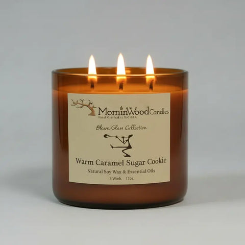 Warm Caramel Sugar Cookie Soy Candle 17oz – 3 Wick Blown Glass Jar | Handcrafted Home Fragrance Made in USA MorninWood Candles  3 Wick Candle