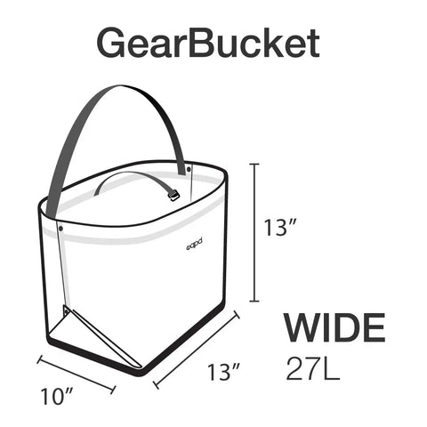 Illustration of the eqpd GearBucket - Washington Pass, a spacious 27-liter tote with a handle and felt base; dimensions are 13 tall, 13 wide, and 10 deep. GearBucket is displayed at the top.