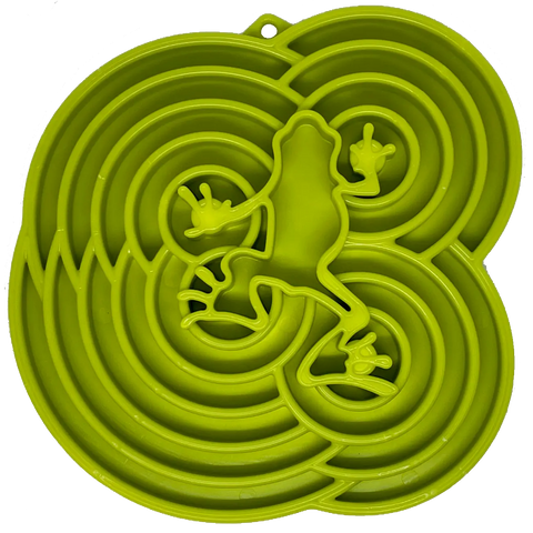 The SodaPup Water Frog Design ETray Enrichment Tray for Dogs is a green, circular silicone mat with a raised frog pattern and concentric grooves, perfect for enrichment and encouraging slower eating.