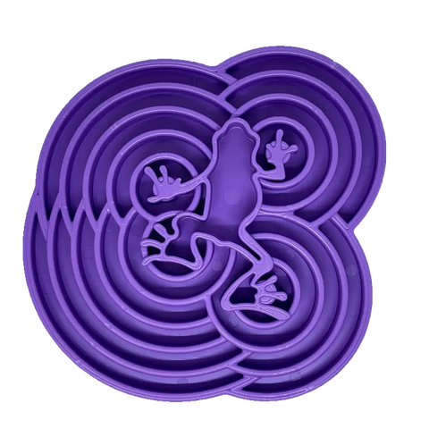 The SodaPup Water Frog Design ETray Enrichment Tray for Dogs is a purple slow feeder bowl with a raised frog and circular ridges that encourages enrichment and slows eating for your pet.