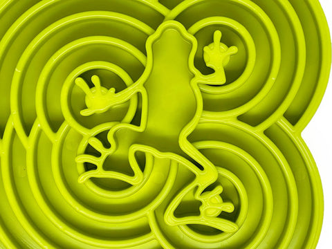 The SodaPup Water Frog Design ETray Enrichment Tray for Dogs is a green, frog-shaped plastic maze with raised circular paths, designed to promote slower eating and enrichment when viewed from above.