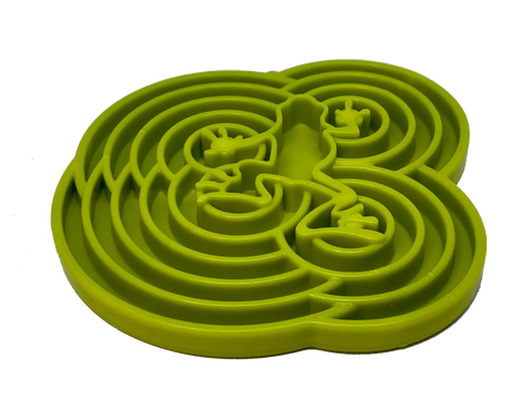 The SodaPup Water Frog Design ETray Enrichment Tray for Dogs is a green plastic tray with circular pathways, shaped like a frog, designed to enrich mealtime and encourage slower eating.