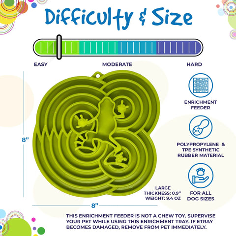 The SodaPup Water Frog Design ETray is a green, circular enrichment tray with a raised lizard pattern. Measuring 8 wide and weighing 9.4 oz, it suits all dog sizes, slows eating, offers moderate difficulty, and is made of polypropylene and TPE rubber.