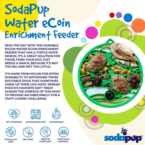 A green, turtle-shaped SodaPup Water Nylon ECoin Durable Enrichment Snacking Coin with food is shown. Text highlights its durability, safety, and enrichment snack benefits, and icons showcase its use as a peanut butter holder.