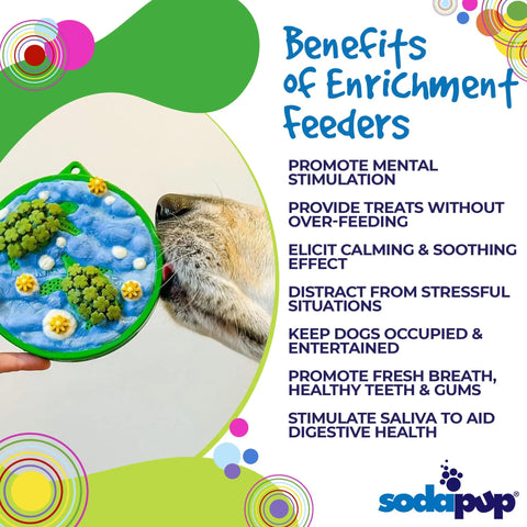 A dog licks the SodaPup Water Nylon ECoin, a vibrant enrichment feeder held by a person. Text highlights mental stimulation, calming effects, and dental health benefits. Perfect for snacks or as a peanut butter holder. SodaPup logo appears in the corner.