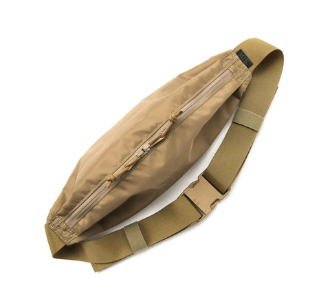 The MIS Body Bag - Coyote Tan is a packcloth nylon waist pack with a zippered main compartment and an adjustable strap with plastic buckle, shown against a white background.