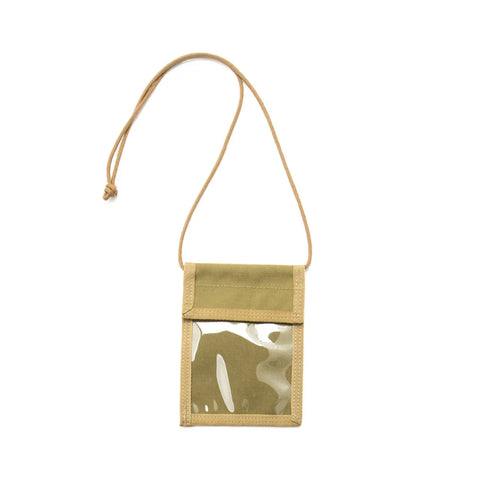 The MIS ID Passport Case in Coyote Tan is a Cordura nylon neck pouch with a clear front pocket and adjustable cord, ideal for organizing travel documents, shown on a white background.