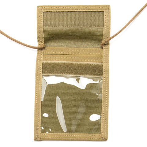 The MIS ID Passport Case in Coyote Tan is a fabric neck wallet with a clear plastic window, brown cord, and empty see-through pocket—perfect as a travel document organizer.