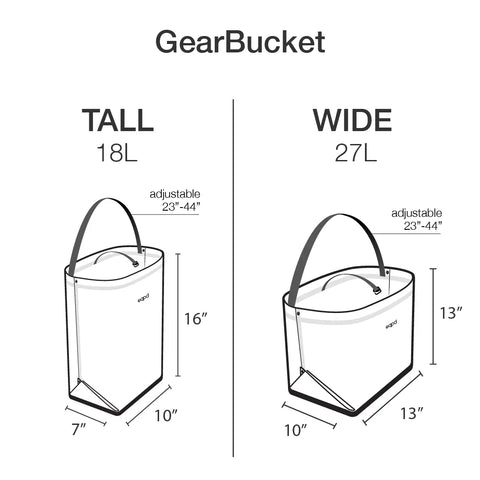 Diagram compares eqpd GearBucket bags—Tall (18L, 16x10x7) and Wide (27L, 13x13x10)—both with adjustable straps (23-44 in) and watertight seams. Black outlines on white give a sleek, modern storage bin style.
