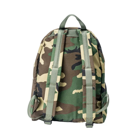 The MIS Daypack Goretex - Woodland Camo is a waterproof nylon backpack with two adjustable green shoulder straps and a carrying handle, shown from the back against a white background.