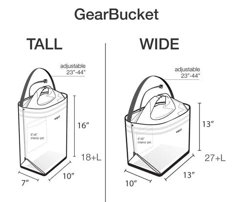 Diagram comparing GearBucket - RollTop bags by eqpd in Tall and Wide styles, showing labeled measurements and adjustable straps (23–44). Both serve as watertight totes for secure storage in any environment.