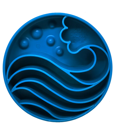 The SodaPup Wave Design EBowl Enrichment Slow Feeder Bowl for Dogs is a round, blue silicone bowl with raised bubbles and wave ridges for sensory play and promoting slower eating.