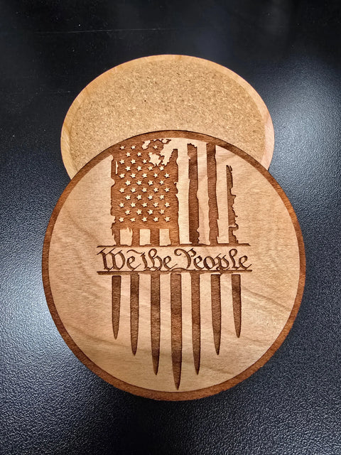 We The People Hardwood Coaster Set 3.5 Inch Diameter – Laser Engraved Barware | Made in USA American Grains LLC 