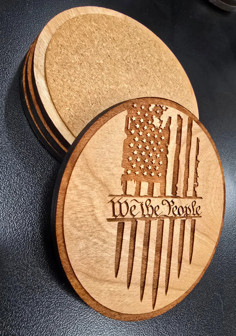 We The People Hardwood Coaster Set 3.5 Inch Diameter – Laser Engraved Barware | Made in USA American Grains LLC 