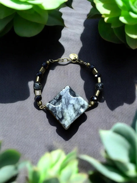 Web Agate Bracelet, Black Crystal & Gold Chain, Gemstone Jewelry Michelle Marie Boutique  Bracelets