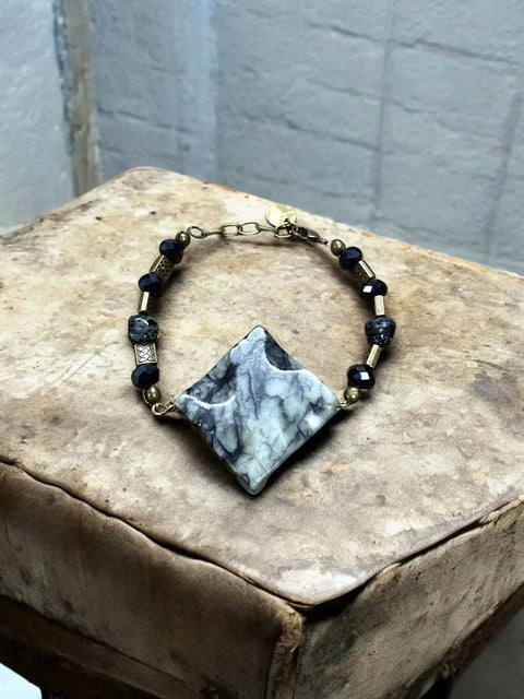 Web Agate Bracelet, Black Crystal & Gold Chain, Gemstone Jewelry Michelle Marie Boutique  Bracelets