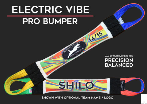 Two vibrant Dock Diving Bumper Tug - Competition Series Weighted - Electric Vibe by Bulletproof Pet Products Inc feature end loops and Shilo team logo option, offering a precision-balanced tug perfect for competition dock diving bumper training.
