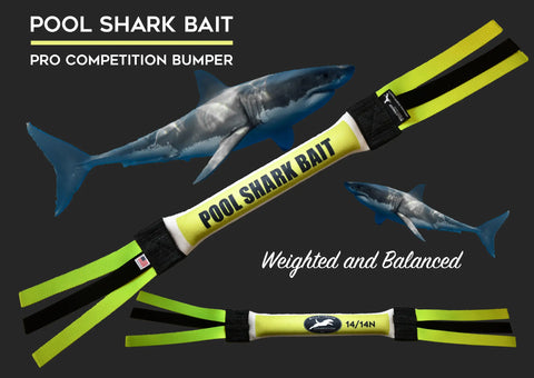 Product image of the Bulletproof Pet Products Inc Narrow Dock Diving Bumper Tug - Competition Series Weighted - Pool Shark Bait, featuring POOL SHARK BAIT text, a shark graphic, and sharks—ideal for water dogs and dock diving training.
