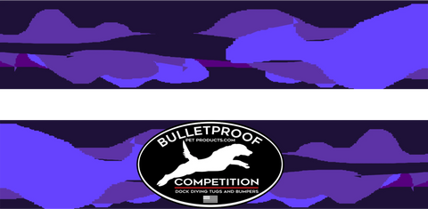 The black and white logo features a leaping dog and Bulletproof Pet Products Inc, set on a purple camo background, showcasing our Dock Diving Bumper Tug - Competition Series Weighted for dock diving dogs.