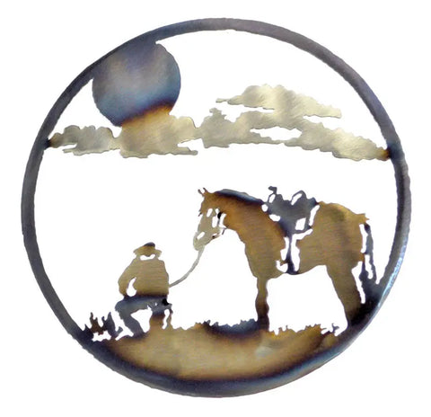Western Cowboy Metal Wall Art Circle Silhouette – Rustic Home Decor | Made in USA Knights Home Decor  item