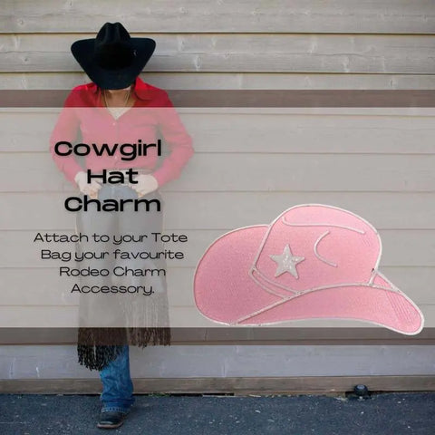 A person in a cowboy hat and red shirt stands by a wooden wall. Text promotes BOGLETS - RODEO Charms by Chatelet Manufacturing, featuring a pink hat charm with star—an ideal decorative Tote Bag Charm, made in the USA.