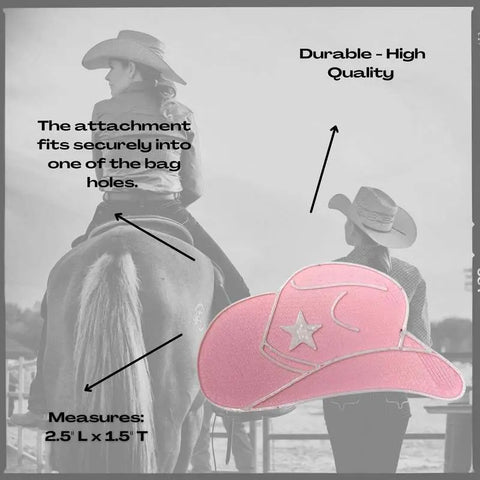 The BOGLETS - RODEO Charm by Chatelet Manufacturing is a pink cowboy hat-shaped decorative tote bag charm with star and crescent details. Arrows highlight its size and quality, while two women in cowboy hats ride horses in the background. Made in USA.
