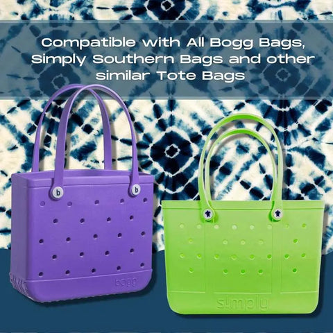 Two colorful tote bags, purple and green, are displayed side by side on a blue and white tie-dye background. Text above reads: BOGLETS - RODEO Charms by Chatelet Manufacturing—compatible with popular tote bags. Made in USA.