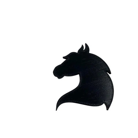 A black chess knight in profile, shaped like a horse’s head, set on a plain white background—an ideal BOGLETS - RODEO Charm by Chatelet Manufacturing for decorating your tote bag. Made in the USA.
