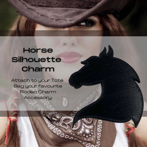 A woman in a cowboy hat and bandana appears behind a transparent overlay featuring the BOGLETS - RODEO Charms by Chatelet Manufacturing, stylish decorative tote bag charms made in the USA, with a black horse head silhouette.