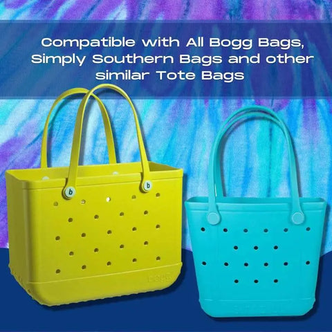 Two perforated tote bags, one yellow and one blue, sit on a tie-dye background. BOGLETS - RODEO Charms by Chatelet Manufacturing are perfect for customizing compatible totes like Bogg Bags, Simply Southern, and more. Made in the USA.