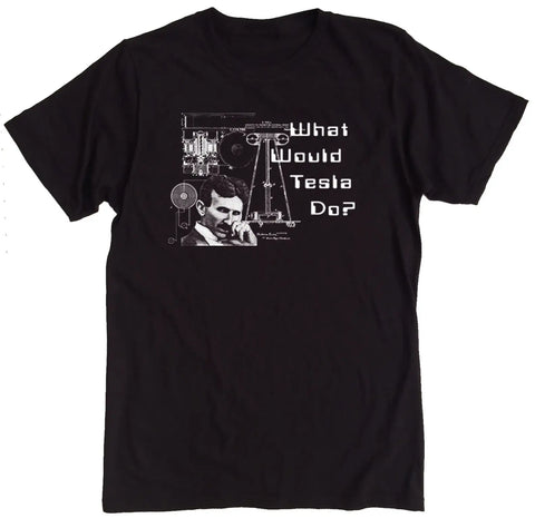 The Spiritex | Sustainable Apparel What Would Tesla Do Graphic Tee is a black organic cotton crewneck featuring Nikola Tesla, electrical diagrams, and bold text—combining comfort with an iconic scientist-inspired design.