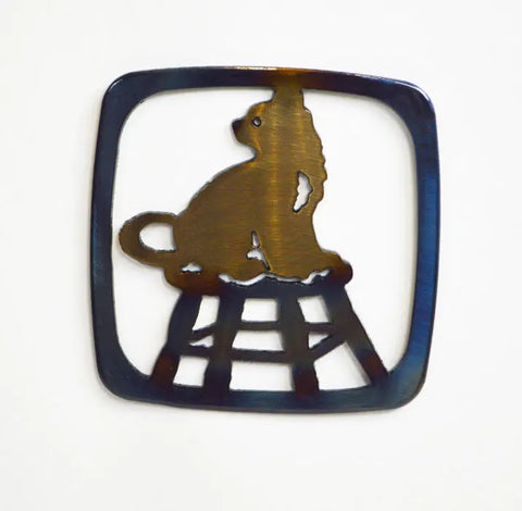 Whimsical Cat on Stool Metal Coaster – Handcrafted Rustic Tableware Accent | Made in USA Knights Home Decor  item