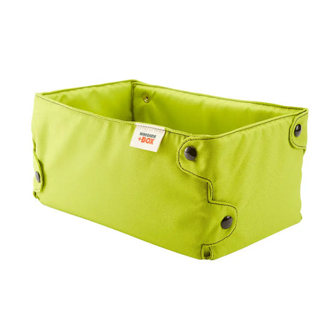 The Whisker+Box New! Lime With Black Snaps is a rectangular, bright green fabric storage box with black snap buttons and a white label, handmade in Brooklyn.