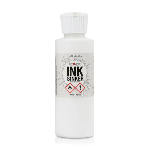 A white ArtResin Alcohol Ink Sinker bottle with a white cap and hazard symbols, labeled as White Alcohol Ink Sinker for use with ArtResin Epoxy Resin—ideal for petri art coasters. Contains 4 fl oz (118.29 ml).